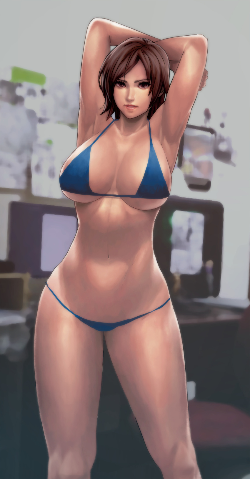 1girl absurdres armpits arms_up bikini blue_bikini breasts brown_eyes brown_hair cirenk cleavage commentary english_commentary highres kazama_asuka large_breasts lips looking_at_viewer nose short_hair solo standing swimsuit tekken traditional_media under_boob watercolor_(medium)