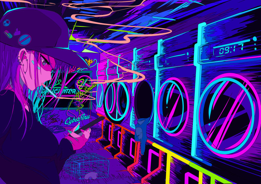 1girl aqua_nails baseball_cap berryverrine blue_eyes breasts cigarette clothes_hanger earrings hat hat_pin highres jewelry laundromat laundry looking_at_phone looking_down middle_finger nail_polish neon_lights original phone pill pink_nails purple_nails sign smoke smoking solo washing_machine