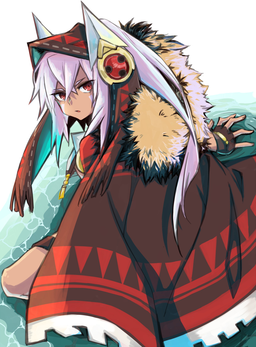 1girl azur_lane check_commentary cloak commentary_request dark_skin facepaint fingerless_gloves fur-trimmed_cloak fur_trim gloves highres hood jappo long_hair looking_at_viewer minneapolis_(azur_lane) native_american ponytail red_eyes sitting solo water white_hair