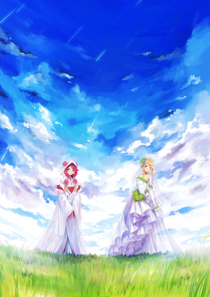 2girls absurdres bare_shoulders blonde_hair breasts bridal_veil bride dress earrings elbow_gloves gloves highres mythra_(xenoblade) pyra_(xenoblade) hood japanese_clothes jewelry kimono large_breasts long_hair multiple_girls necklace nintendo red_eyes redhead shadow_2810 short_hair simple_background strapless strapless_dress uchikake veil wedding wedding_dress white_dress white_kimono xenoblade_(series) xenoblade_2 yellow_eyes