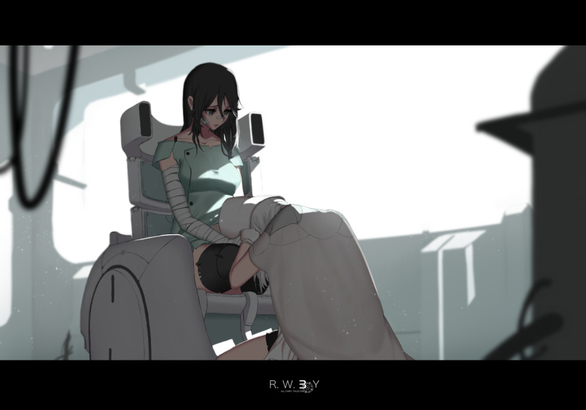 2girls amputee bandage bandaged_arm bandages bandaid brown_hair collarbone crying dishwasher1910 double_amputee gloves hat hospital_gown lap_pillow looking_at_another multiple_girls ruby_rose rwby sad sitting weiss_schnee wheelchair white_hair