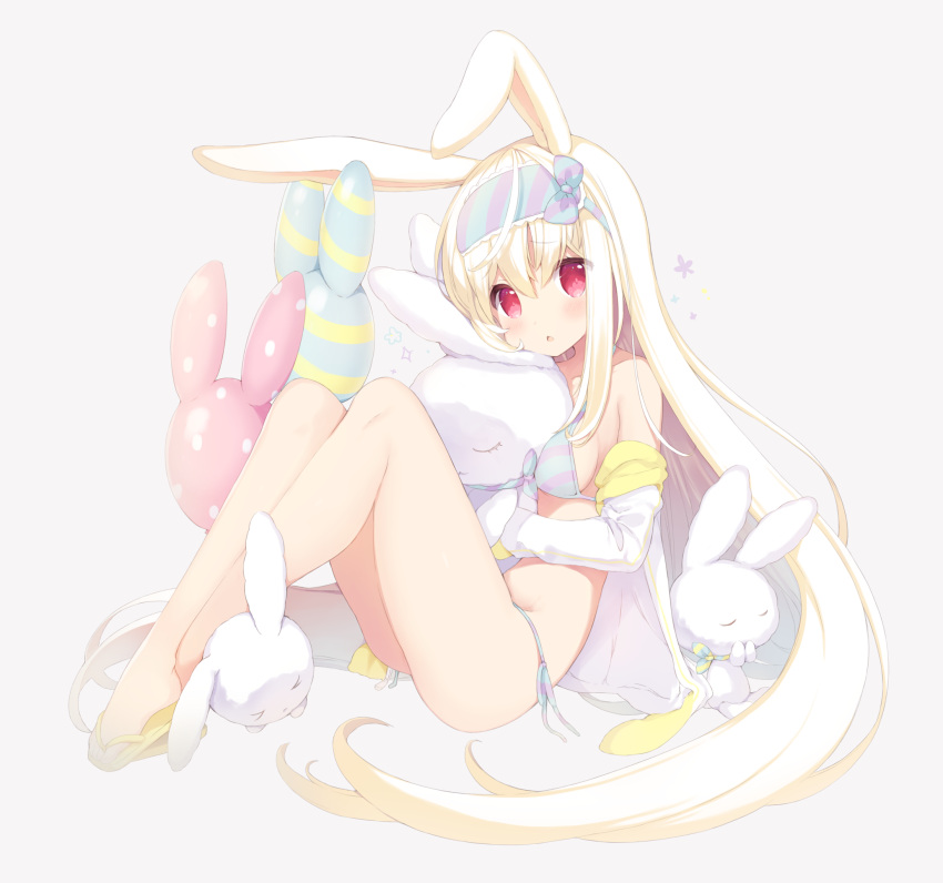 1girl animal_ears bangs bare_legs bare_shoulders bikini blonde_hair blush bow breasts chestnut_mouth commentary_request cynthia_riddle eyebrows_visible_through_hair full_body grey_background hair_between_eyes hair_bow hairband head_tilt highres jacket long_hair looking_at_viewer medium_breasts off_shoulder open_clothes open_jacket original p19 parted_lips rabbit_ears red_eyes sandals side-tie_bikini sidelocks simple_background sitting solo stuffed_animal stuffed_bunny stuffed_toy swimsuit very_long_hair white_jacket yellow_footwear