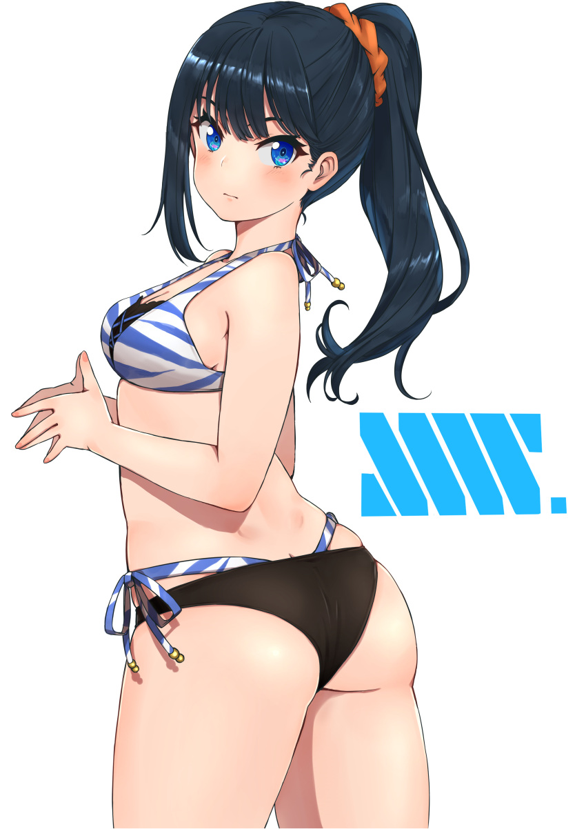 1girl absurdres ass bangs bare_shoulders bikini black_hair black_panties blue_eyes blunt_bangs blush breasts cleavage hair_ornament hair_scrunchie highres kent0320 long_hair panties ponytail scrunchie side-tie_bikini sideboob simple_background skindentation solo ssss.gridman swimsuit takarada_rikka thong_bikini tiger_stripes underwear white_background