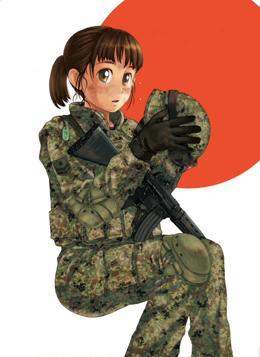 1girl assault_rifle brown_eyes brown_hair camouflage commentary dirty_face elbow_pads gloves gun headwear_removed helmet helmet_removed highres howa_type_89 humi_(jun-shu) japan_self-defense_force japanese_flag knee_pads military military_uniform original ponytail rifle sitting soldier solo uniform weapon white_background