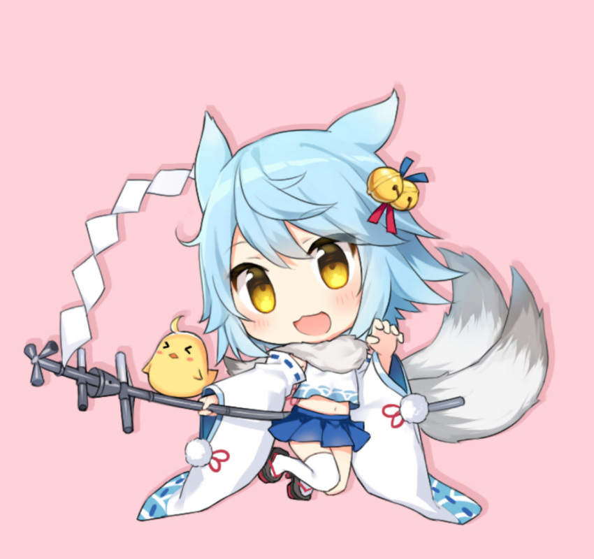 1girl animal_ears azur_lane bell bird blue_hair blue_skirt chibi chick detached_sleeves fox_ears fubuki_(azur_lane) hair_bell hair_ornament looking_at_viewer open_mouth pink_background pleated_skirt scarf short_hair simple_background skirt smile solo staff thigh-highs white_legwear white_scarf yada_(xxxadaman) yellow_eyes