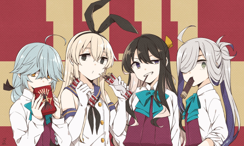 4girls ahoge black_hair black_ribbon blonde_hair blush bow bowtie braid breasts brown_eyes crop_top dress elbow_gloves fang food gloves grey_eyes grey_hair grin hair_between_eyes hair_bun hair_ornament hair_over_eyes hair_over_one_eye hair_ribbon half-closed_eye halterneck hamanami_(kantai_collection) highres holding holding_food kantai_collection kiyoshimo_(kantai_collection) large_breasts long_hair long_sleeves looking_at_viewer low_twintails miroku_san-ju multicolored_hair multiple_girls naganami_(kantai_collection) open_mouth pink_hair pocky pocky_day pocky_kiss ribbon sailor_collar school_uniform serafuku shared_food shimakaze_(kantai_collection) shirt single_braid smile twintails two-tone_hair very_long_hair white_gloves white_shirt yellow_eyes
