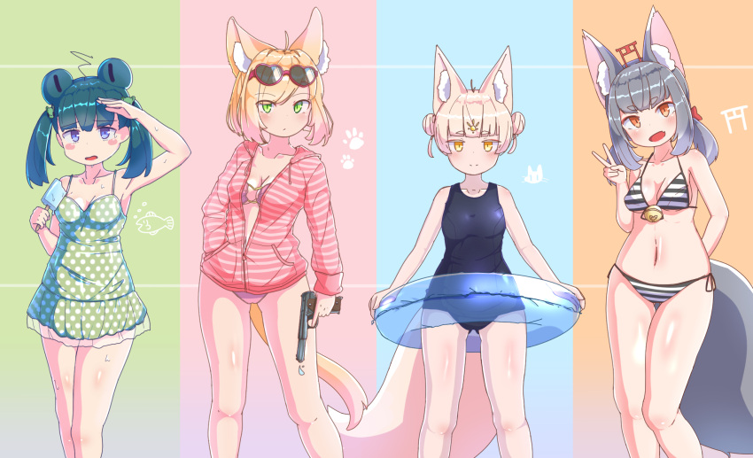 4girls ahoge animal_ear_fluff animal_ears bangs bell bikini bikini_under_clothes blue_eyes blush blush_stickers bow cat_ears cat_tail dress_swimsuit eyebrows_visible_through_hair fang fox_ears fox_tail green_eyes hair_bow hair_ornament highres innertube jingle_bell multiple_girls navel o-ring o-ring_bikini orange_eyes original polka_dot polka_dot_swimsuit sapnoji school_swimsuit side-tie_bikini silver_hair standing striped striped_bikini striped_hoodie swimsuit tail torii v water_gun yellow_eyes