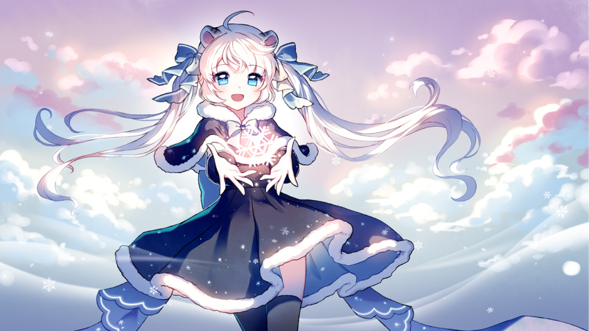 1girl :d ahoge animal_ears bangs black_capelet black_dress black_legwear blue_bow blue_eyes blush bow capelet clouds cloudy_sky commentary commission day dress eyebrows_visible_through_hair fur-trimmed_capelet fur-trimmed_dress fur_trim hair_bow long_hair looking_at_viewer mechuragi open_mouth original outdoors outstretched_arms sidelocks sky smile snowflakes solo standing thigh-highs tiger_ears twintails very_long_hair white_hair