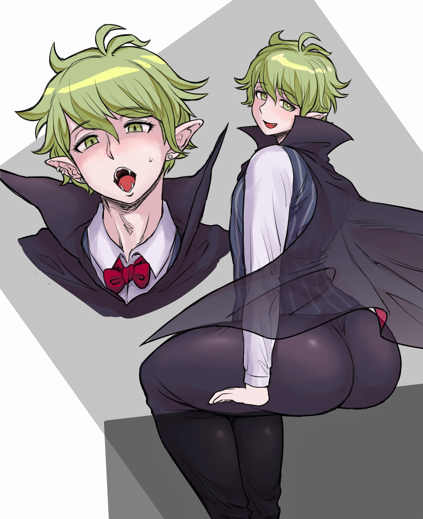 1boy amami_rantarou ass bow bowtie cape dangan_ronpa ear_piercing earrings eyes_visible_through_hair fangs green_eyes green_hair highres huge_ass jewelry looking_at_viewer looking_back male_focus messy_hair new_dangan_ronpa_v3 piercing shirt solo striped_vest sweatdrop vampire vest wadorudo white_shirt