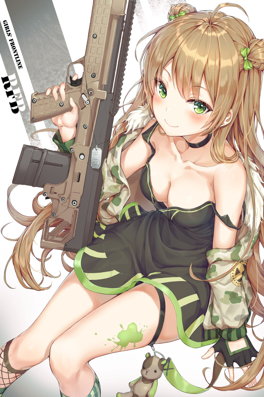 1girl absurdres ahoge arm_support assault_rifle bangs bare_shoulders black_gloves blush bow breasts brown_hair bullpup character_name choker cleavage collarbone dog_tags double_bun downblouse dress eyebrows_visible_through_hair fingerless_gloves fishnet_legwear fishnets fur_trim girls_frontline gloves green_bow green_eyes green_legwear gun hair_between_eyes hair_bow highres holding holding_gun holding_weapon jacket kel-tec kel-tec_rfb long_hair looking_at_viewer medium_breasts paint_splatter r_o_ha rfb_(girls_frontline) rifle short_dress sidelocks sitting smile solo strap_slip striped striped_legwear stuffed_animal stuffed_toy teddy_bear vertical-striped_legwear vertical_stripes weapon