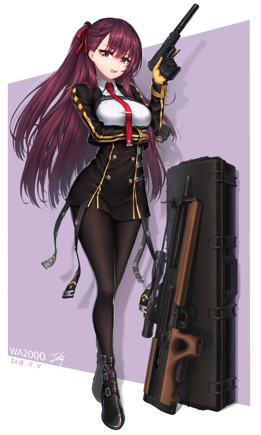 1girl absurdres ankle_strap arm_under_breasts baek_hyang bangs bipod black_footwear black_legwear black_skirt blazer braid breasts bullpup character_name collared_shirt dated eyebrows_visible_through_hair framed_breasts french_braid full_body girls_frontline gloves gun hair_ribbon half_updo handgun high-waist_skirt highres holding holding_gun holding_weapon jacket large_breasts long_hair looking_at_viewer necktie one_side_up open_mouth p99 pantyhose pelvic_curtain purple_hair red_eyes red_neckwear red_ribbon ribbon rifle shirt shoes signature skirt sniper_rifle solo strap striped striped_shirt taut_clothes taut_shirt trigger_discipline very_long_hair wa2000_(girls_frontline) walther walther_wa_2000 weapon weapon_case white_shirt