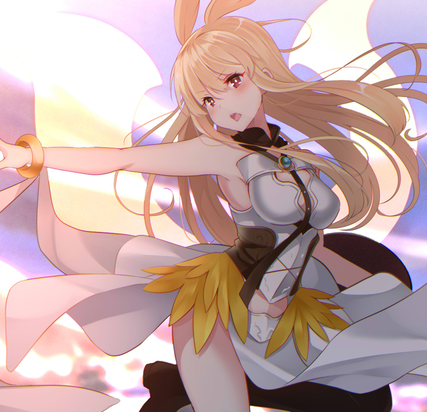 1girl absurdres armor blonde_hair boots breasts brooch eyebrows_visible_through_hair fate/grand_order fate_(series) hair_between_eyes head_wings highres jewelry kujou_ichiso long_hair open_mouth red_eyes solo thigh-highs thigh_boots thrud_(fate/grand_order) valkyrie_(fate/grand_order)