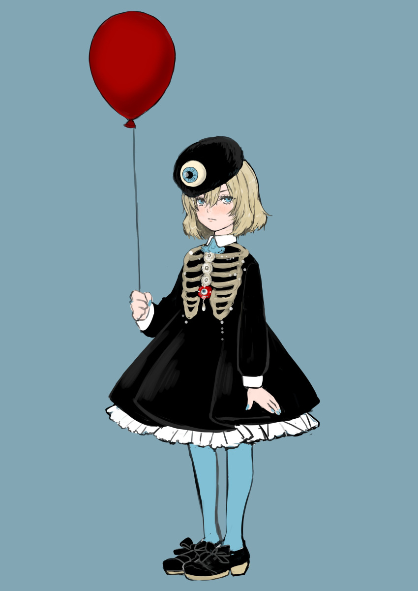 1girl absurdres balloon bangs banira_(oocooocooocoo) black_dress black_footwear black_hat blonde_hair blue_background blue_eyes blue_legwear blush bow closed_mouth collared_dress commentary dress eyeball formal frilled_dress frills fur_hat girls_und_panzer hat highres katyusha light_frown long_sleeves looking_at_viewer medium_dress pantyhose shoe_bow shoes short_hair simple_background solo standing ushanka