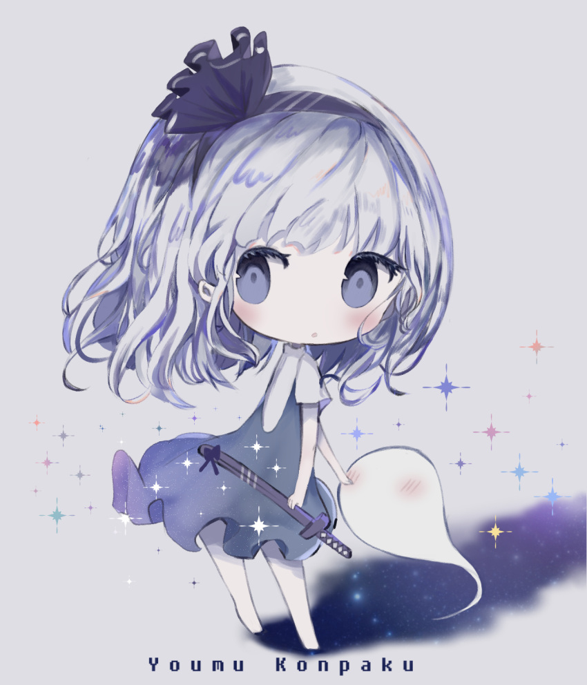 1girl :o bangs black_hairband black_ribbon blush character_name chibi commentary_request cottontailtokki dress full_body green_dress grey_background grey_hair hair_ribbon hairband highres katana konpaku_youmu konpaku_youmu_(ghost) long_hair looking_at_viewer looking_to_the_side no_shoes pantyhose parted_lips ribbon shadow sheath sheathed shirt short_sleeves sleeveless sleeveless_dress sparkle standing sword touhou violet_eyes weapon white_legwear white_shirt