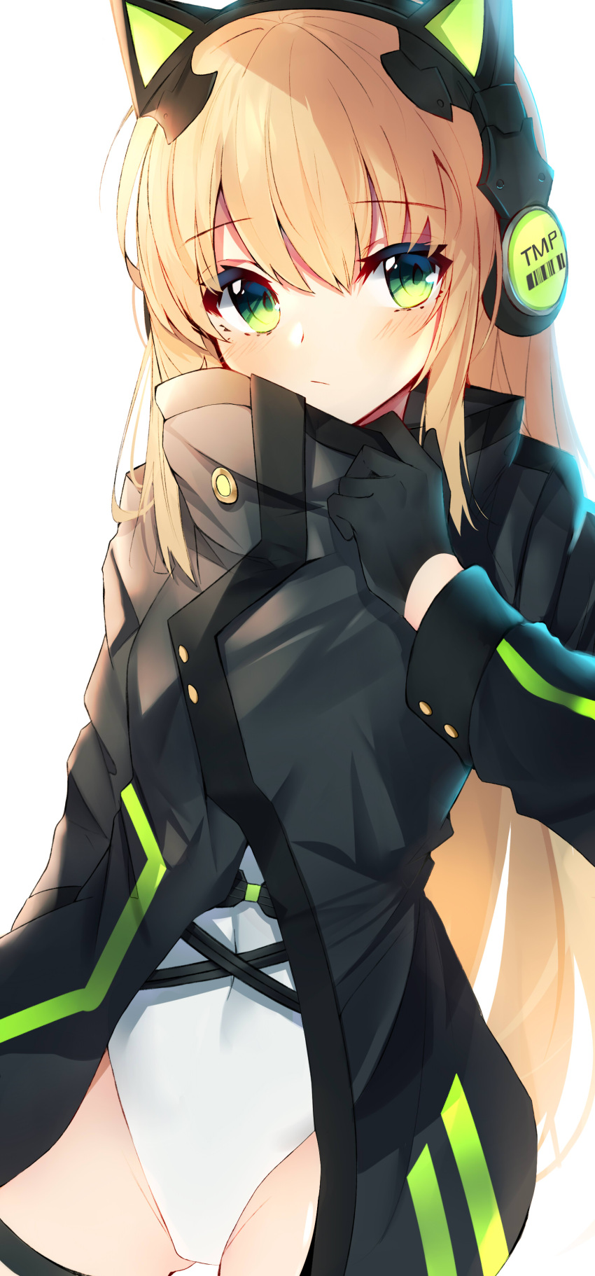 1girl absurdres animal_ears bangs black_gloves black_jacket blonde_hair cat_ear_headphones cat_ears coat covered_navel cropped_jacket eyebrows_visible_through_hair fake_animal_ears girls_frontline gloves green_eyes headphones highres jacket leotard long_hair simple_background solo standing tmp_(girls_frontline) white_background white_leotard yanggang