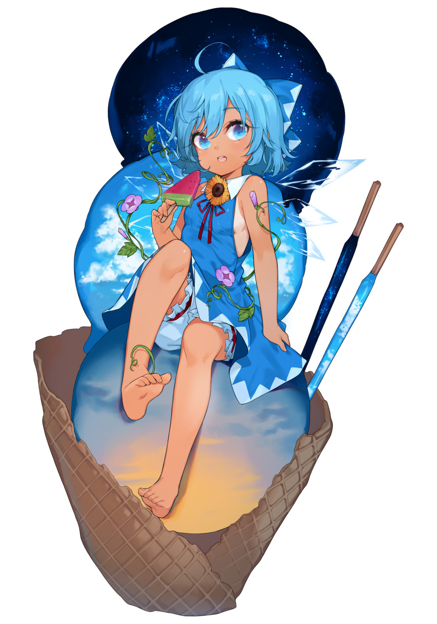 1girl ahoge bare_arms bare_legs barefoot bloomers blue_bow blue_dress blue_eyes blue_hair bow cirno clouds dress eyebrows_visible_through_hair feet flower food full_body hair_between_eyes hair_bow hand_up highres holding ice ice_cream ice_cream_cone ice_wings knee_up looking_at_viewer morning_glory open_mouth popsicle red_ribbon ribbon short_hair simple_background sitting sky sleeveless sleeveless_dress solo star_(sky) starry_sky sunflower takotsu tan tanned_cirno toenails touhou transparent_wings triple_scoop underwear watermelon_bar white_background wings
