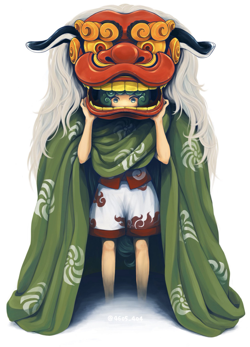 1girl animal_ears bangs bare_legs cloud_print cropped_legs curly_hair full_body green_eyes green_hair hands_up highres komainu komano_aun looking_at_viewer red_shirt shiratama_(irodoli) shirt shorts simple_background solo standing tail touhou twitter_username under_covers white_background white_shorts