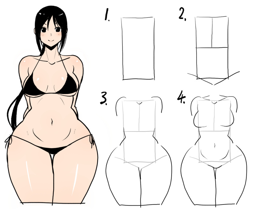 1girl bikini black_bikini black_eyes black_hair breasts collarbone how_to long_hair navel ponytail solo tutorial wide_hips