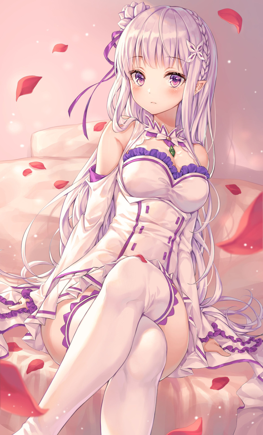 1girl absurdres bangs bare_shoulders blunt_bangs blush braid breasts cleavage detached_collar detached_sleeves dress elf emerald emilia_(re:zero) eyebrows_visible_through_hair flower french_braid gem hair_flower hair_ornament hair_ribbon highres lavender_hair legs_crossed long_hair looking_at_viewer low-tied_long_hair medium_breasts miniskirt petals pleated_skirt pointy_ears purple_ribbon r_o_ha re:zero_kara_hajimeru_isekai_seikatsu ribbon rose sitting skirt solo strapless strapless_dress thigh-highs violet_eyes white_dress white_flower white_legwear white_rose x_hair_ornament