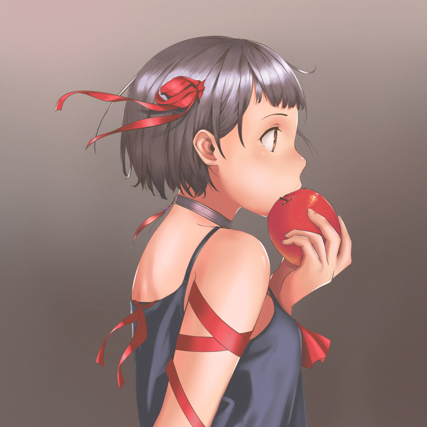 1girl apple bare_shoulders black_choker black_hair blue_shirt breasts brown_background brown_eyes chocolate_5420 choker commentary english_commentary food from_side fruit hair_ribbon hand_up highres original profile red_ribbon ribbon shiny shiny_hair shirt short_hair small_breasts solo upper_body