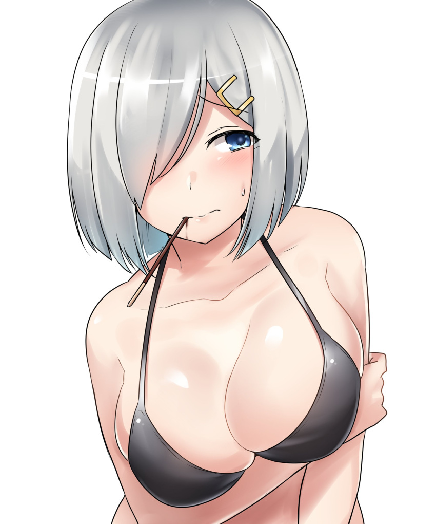 1girl absurdres arm_under_breasts bikini black_bikini blue_eyes blush breasts cleavage collarbone embarrassed food hair_ornament hair_over_one_eye hairclip hamakaze_(kantai_collection) highres kantai_collection kiritto large_breasts looking_at_viewer pocky pocky_day shiny shiny_hair short_hair silver_hair simple_background solo sweatdrop swimsuit upper_body white_background