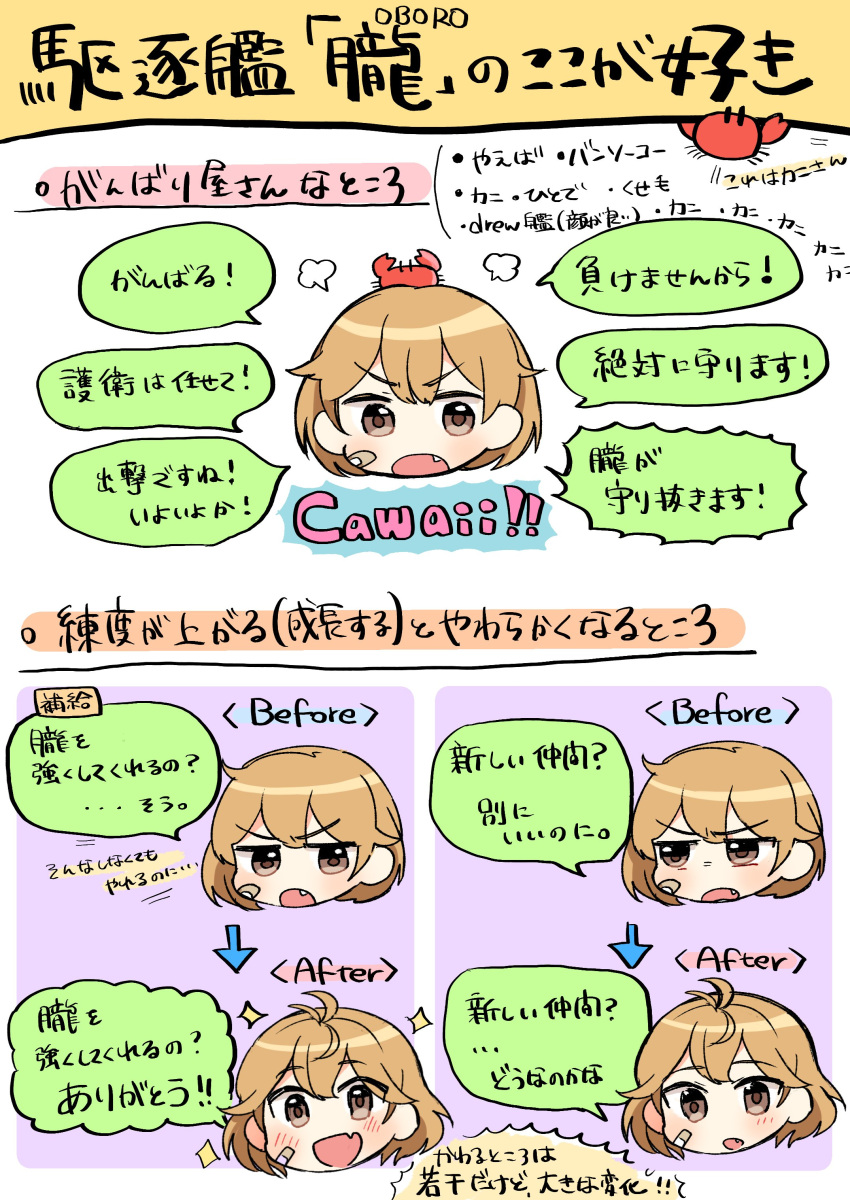 1girl absurdres ahoge bandaid before_and_after brown_eyes brown_hair crab crab_on_head fang highres kantai_collection oboro_(kantai_collection) short_hair tama_wo translation_request