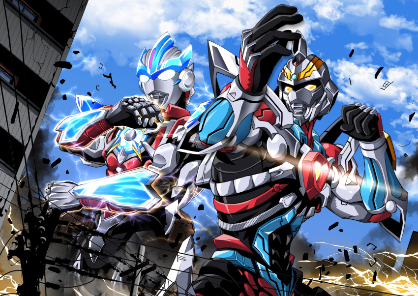 blue_sky building cable clenched_hand clouds commentary_request crossover electricity fighting_stance giant glowing glowing_eyes gridman_(ssss) gridman_universe highres lightning_bolt nomayo outdoors power_lines sky ssss.gridman telephone_pole ultra_series ultraman_orb ultraman_orb_(series) white_eyes yellow_eyes