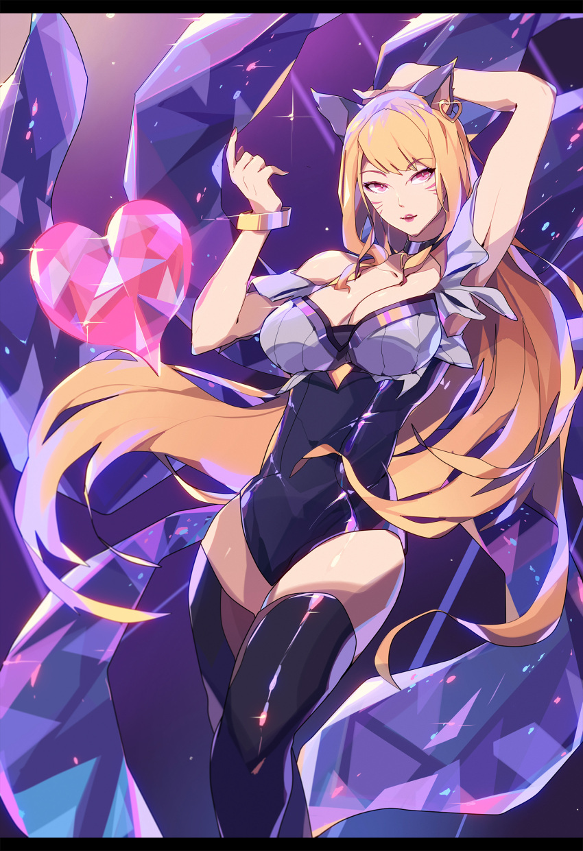 1girl ahri animal_ears arm_up armpits bangle bangs black_legwear blonde_hair bracelet breasts choker cleavage commentary crystal dancing earrings english_commentary eyebrows_visible_through_hair fox_ears fox_tail heart heart_choker heart_earrings highres idol jewelry k/da_(league_of_legends) k/da_ahri large_breasts league_of_legends long_hair mao_ten_go multiple_tails nail_polish parted_lips red_eyes solo strapless swept_bangs tail thigh-highs whisker_markings