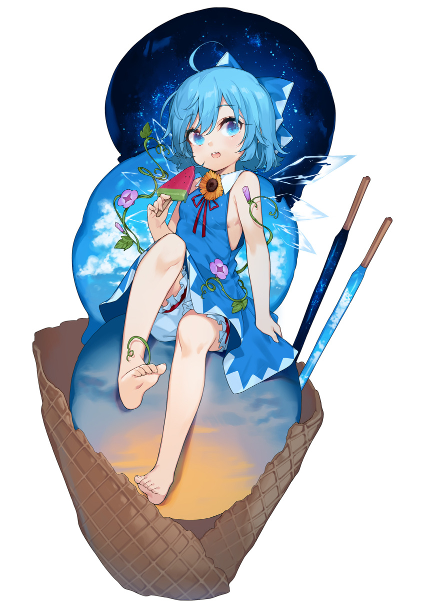 1girl ahoge bare_arms bare_legs barefoot bloomers blue_bow blue_dress blue_eyes blue_hair bow cirno clouds dress eyebrows_visible_through_hair feet flower food full_body hair_between_eyes hair_bow hand_up highres holding ice ice_cream ice_cream_cone ice_wings knee_up looking_at_viewer morning_glory open_mouth popsicle red_ribbon ribbon short_hair simple_background sitting sky sleeveless sleeveless_dress solo star_(sky) starry_sky sunflower takotsu toenails touhou transparent_wings triple_scoop underwear watermelon_bar white_background wings