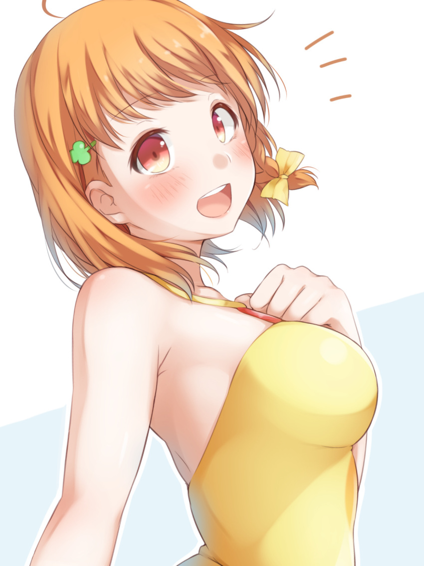 1girl ahoge braid casual_one-piece_swimsuit clover_hair_ornament hair_ornament hands_on_own_face highres hitotsuki_no_yagi love_live! love_live!_sunshine!! one-piece_swimsuit open_mouth orange_hair red_eyes ribbon short_hair side_braid smile solo swimsuit takami_chika two-tone_background upper_body upper_teeth white_background yellow_ribbon yellow_swimsuit