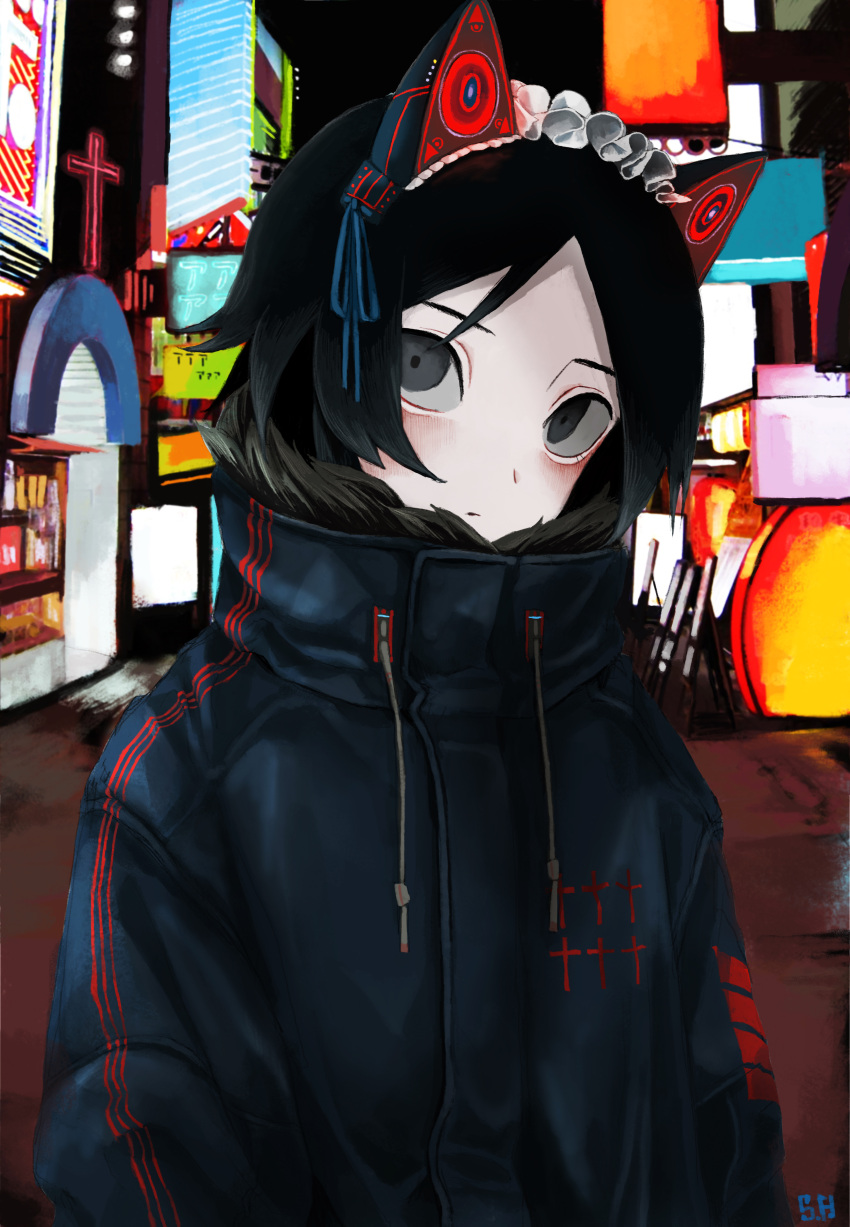 1boy absurdres animal_ears black_eyes black_hair cat_ears city_lights coat fur_trim grey_eyes highres honda_souichi jacket looking_at_viewer male_focus original short_hair upper_body urban