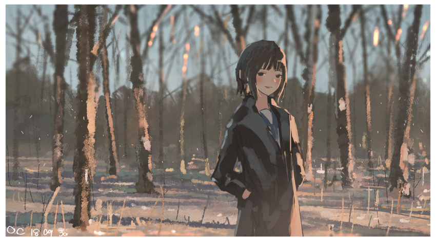 1girl :d blush brown_eyes brown_hair coat forest hands_in_pockets looking_at_viewer loolook nature open_mouth original outdoors reido_(reido_c) short_hair smile snow solo tears winter_clothes