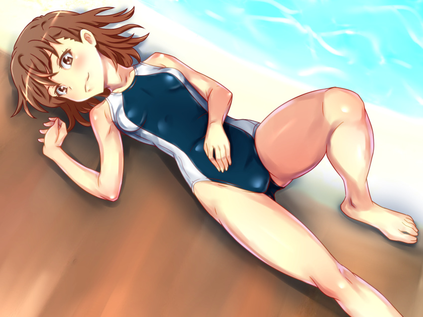 1girl beach blush breasts brown_eyes brown_hair closed_mouth competition_swimsuit eyebrows_visible_through_hair highres looking_at_viewer lying misaka_mikoto nike_(0306) on_back one-piece_swimsuit short_hair small_breasts smile solo swimsuit to_aru_kagaku_no_railgun to_aru_majutsu_no_index water