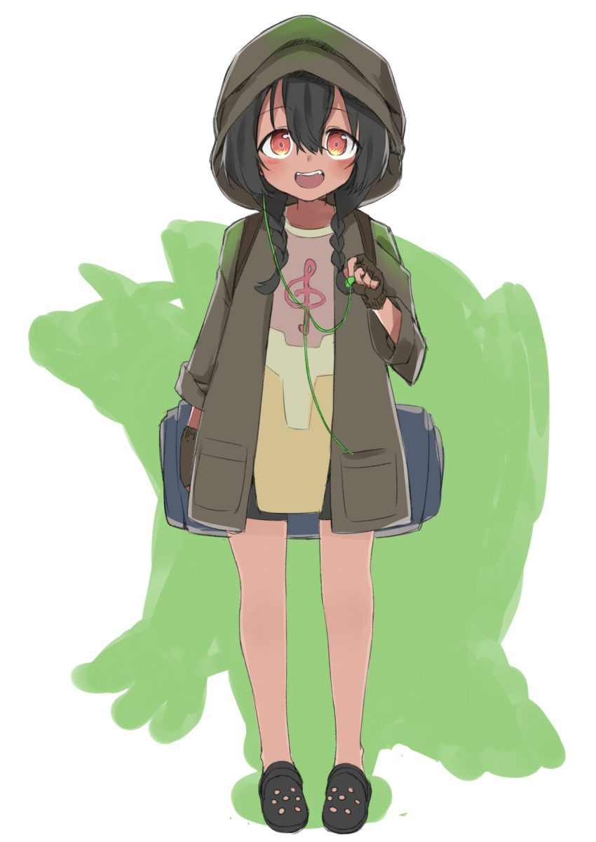 1girl :d anoshiras_(ssss.gridman) backpack bag bangs bike_shorts black_footwear black_hair black_shorts blush braid brown_gloves brown_jacket commentary_request crocs earphones earphones eyebrows_visible_through_hair fingerless_gloves gloves hair_between_eyes highres holding_earphone hood hood_up hooded_jacket jacket long_hair long_sleeves looking_at_viewer low_twintails open_clothes open_jacket open_mouth red_eyes sekira_ame short_shorts shorts smile solo ssss.gridman standing treble_clef twin_braids twintails