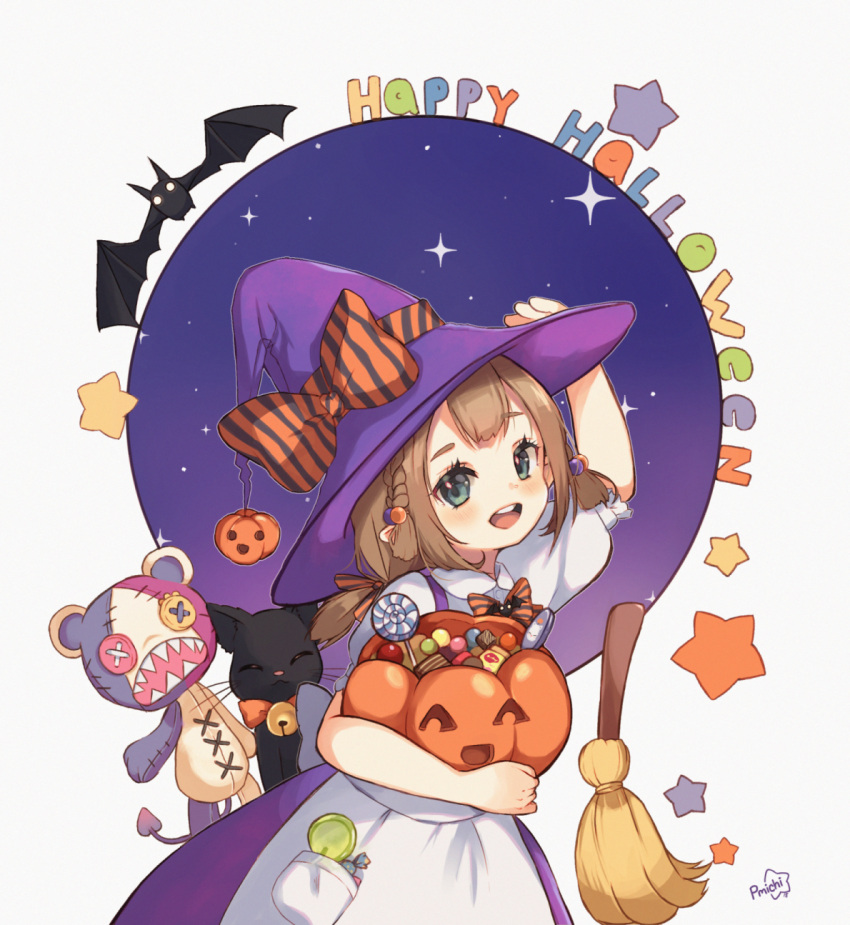 1girl bat black_cat blue_eyes bow broom brown_hair candy cat dress eyebrows_visible_through_hair final_fantasy final_fantasy_xiv food halloween halloween_basket halloween_costume hand_on_headwear happy_halloween hat highres holding jack-o'-lantern lalafell lollipop looking_at_viewer peachy_michi pointy_ears purple_dress short_hair solo stuffed_animal stuffed_toy witch_hat