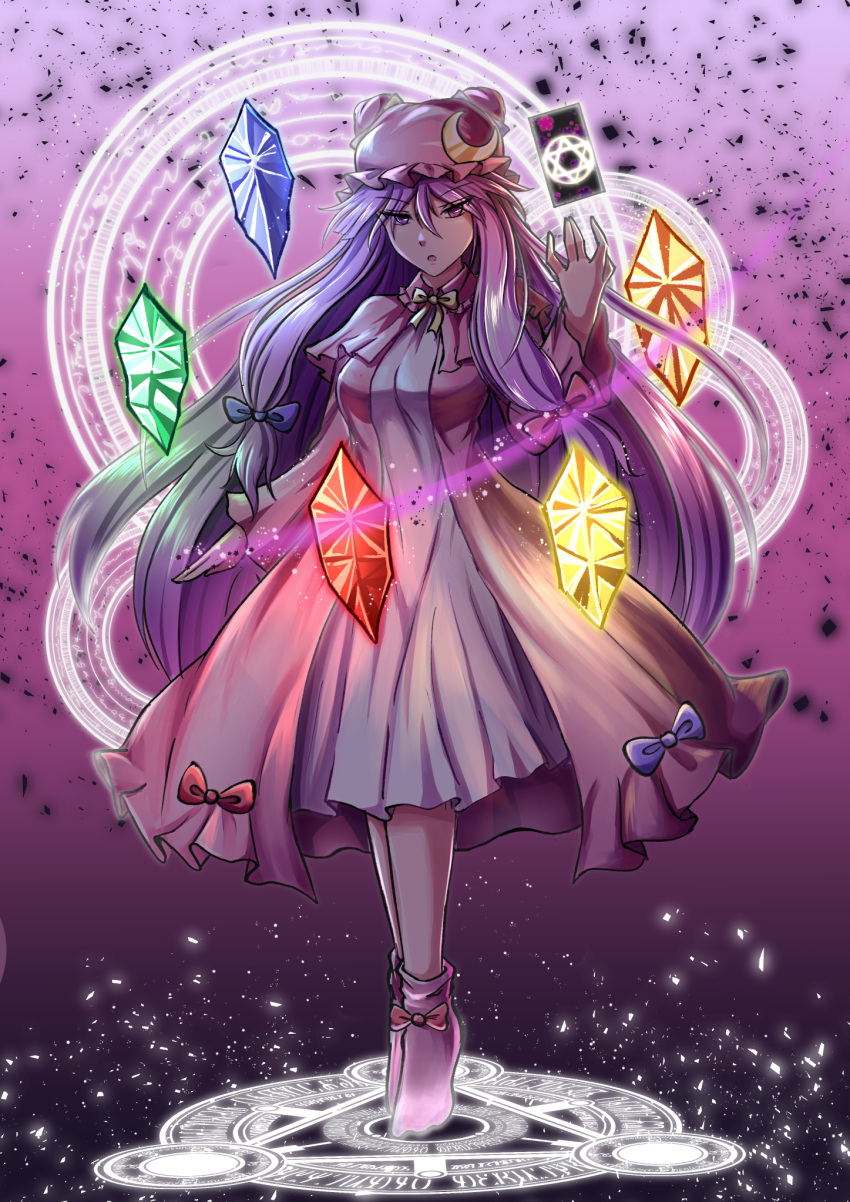 1girl blue_bow bow breasts crescent crescent_moon_pin darkness eyebrows_visible_through_hair full_body hair_bow hat highres light light_particles long_hair looking_at_viewer magic magic_circle medium_breasts open_mouth patchouli_knowledge philosopher's_stone purple_hair red_bow shading solo spell_card touhou very_long_hair violet_eyes xanadu_avici