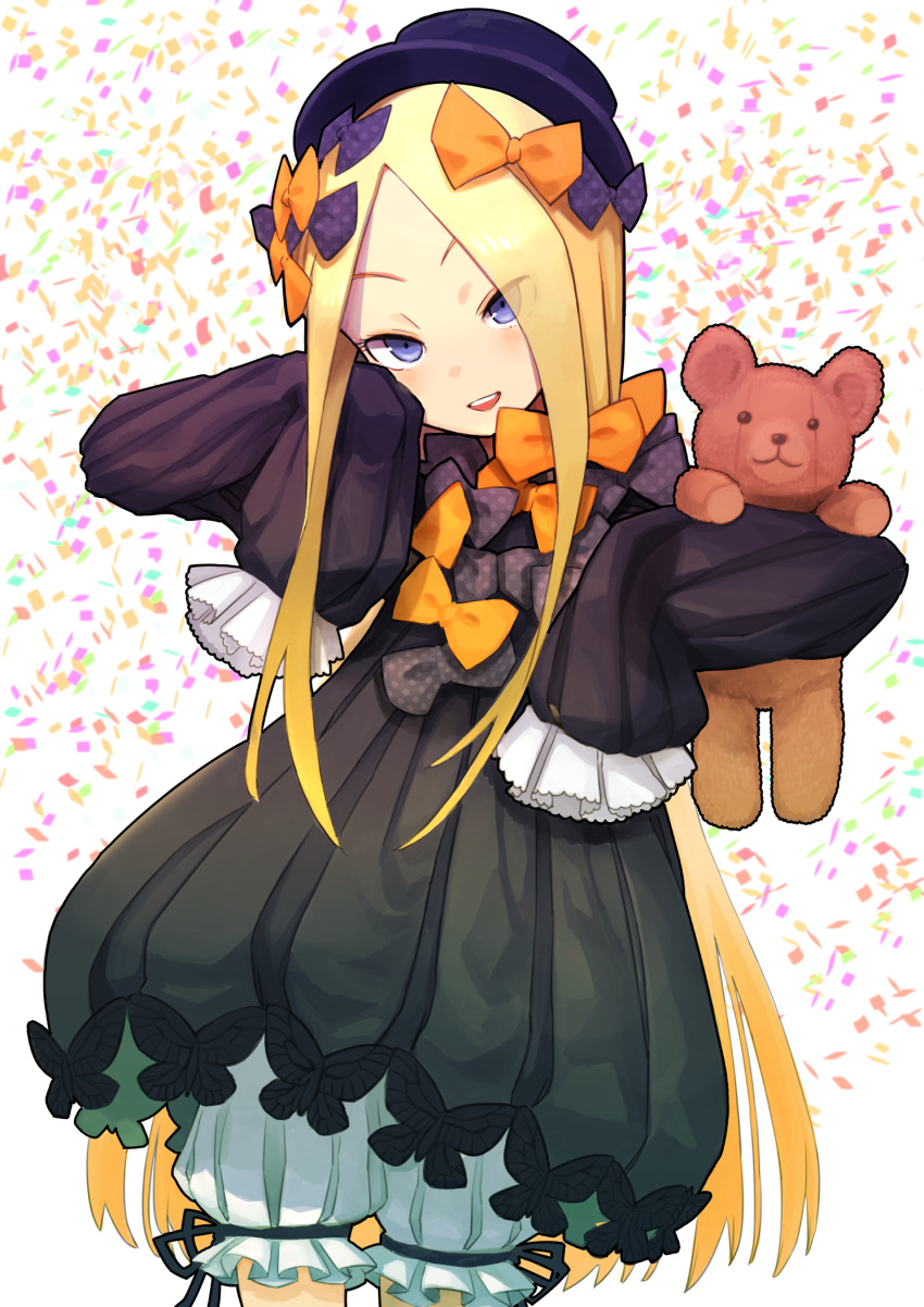 1girl :d abigail_williams_(fate/grand_order) bangs black_bow black_dress black_hat blonde_hair bloomers blue_eyes bow bug butterfly commentary_request confetti cowboy_shot daitai_konna_kanji dress eyes_visible_through_hair fate/grand_order fate_(series) forehead hair_bow hands_up hat head_tilt highres insect long_hair long_sleeves object_hug open_mouth orange_bow parted_bangs polka_dot polka_dot_bow simple_background sleeves_past_fingers sleeves_past_wrists smile solo standing stuffed_animal stuffed_toy teddy_bear underwear upper_teeth v-shaped_eyebrows very_long_hair white_background white_bloomers
