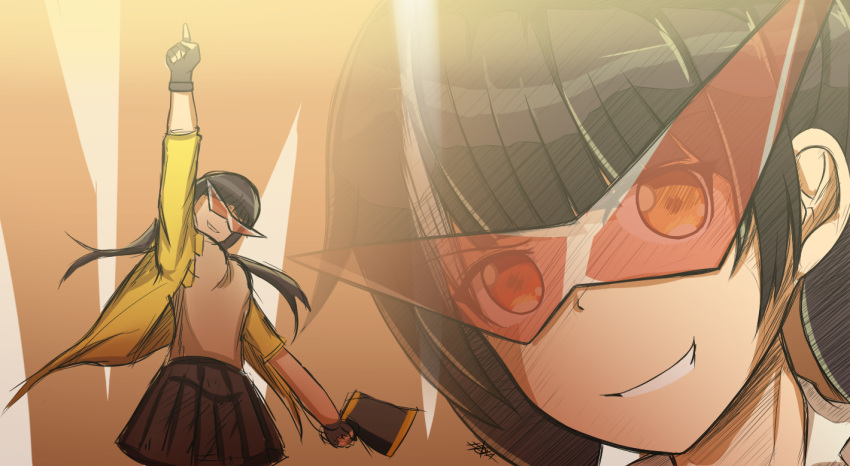 1girl bangs black_gloves black_hair breasts commentary eyebrows_visible_through_hair fingerless_gloves girls_frontline gloves heterochromia holding_megaphone iam jacket kamina_shades large_breasts long_hair looking_at_viewer multicolored_hair multiple_views open_mouth orange_eyes parody ro635_(girls_frontline) shirt skirt smile streaked_hair tengen_toppa_gurren_lagann twintails white_hair yellow_eyes