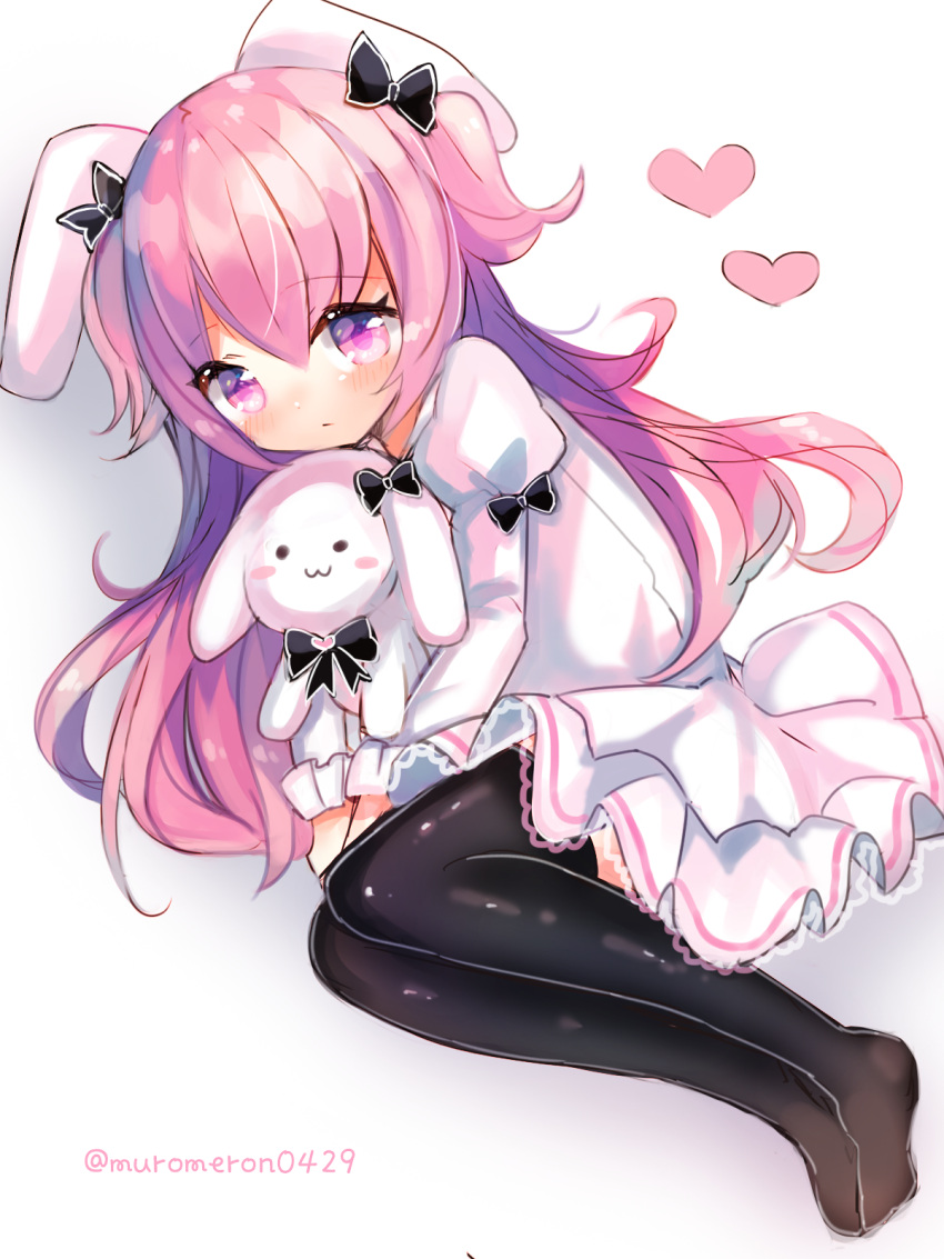 1girl animal_ears bangs black_bow black_legwear blush bow closed_mouth commentary_request dress eyebrows_visible_through_hair full_body hair_between_eyes hair_bow heart highres juliet_sleeves kohaku_muro long_hair long_sleeves looking_at_viewer lying no_shoes on_side original pink_hair pleated_dress puffy_sleeves rabbit_ears sidelocks solo stuffed_animal stuffed_bunny stuffed_toy thigh-highs twitter_username two_side_up v_arms very_long_hair violet_eyes white_background white_dress