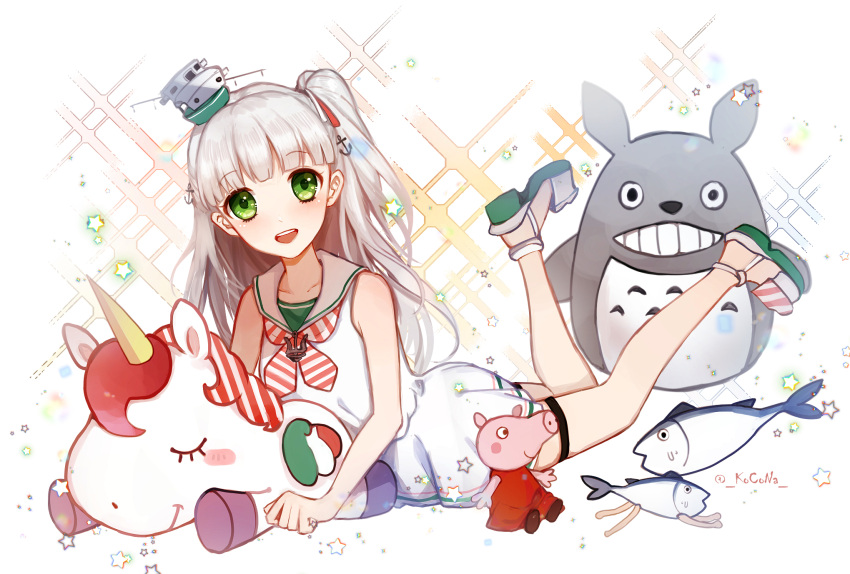 1girl anchor_hair_ornament anchor_necklace bangs blunt_bangs crossover dress fish green_eyes hair_ornament hair_ribbon highres kantai_collection kocona long_hair looking_at_viewer lying maestrale_(kantai_collection) on_stomach one_side_up open_mouth peppa_pig peppa_pig_(series) ribbon sailor_collar sailor_dress silver_hair sleeveless sleeveless_dress smile solo sparkle stuffed_toy tonari_no_totoro totoro unicorn white_background white_dress white_ribbon