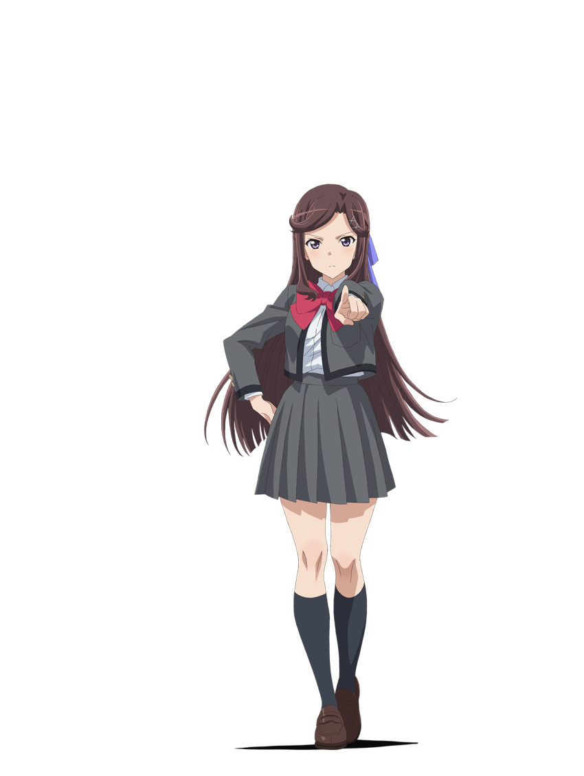 1girl bangs black_legwear blue_ribbon body_blush bow bowtie breast_pocket breasts brown_footwear brown_hair collared_shirt grey_jacket grey_skirt hair_ornament hair_ribbon hand_on_hip highres jacket kneehighs leg_up loafers long_hair looking_at_viewer medium_breasts miniskirt official_art open_clothes open_jacket parted_bangs pleated_skirt pocket pointing pointing_at_viewer red_neckwear ribbon saita_hiroyuki school_uniform seishou_music_academy_uniform shadow shiny shiny_footwear shiny_hair shirt shirt_tucked_in shoes shoujo_kageki_revue_starlight skirt solo tendou_maya transparent_background white_shirt x_hair_ornament