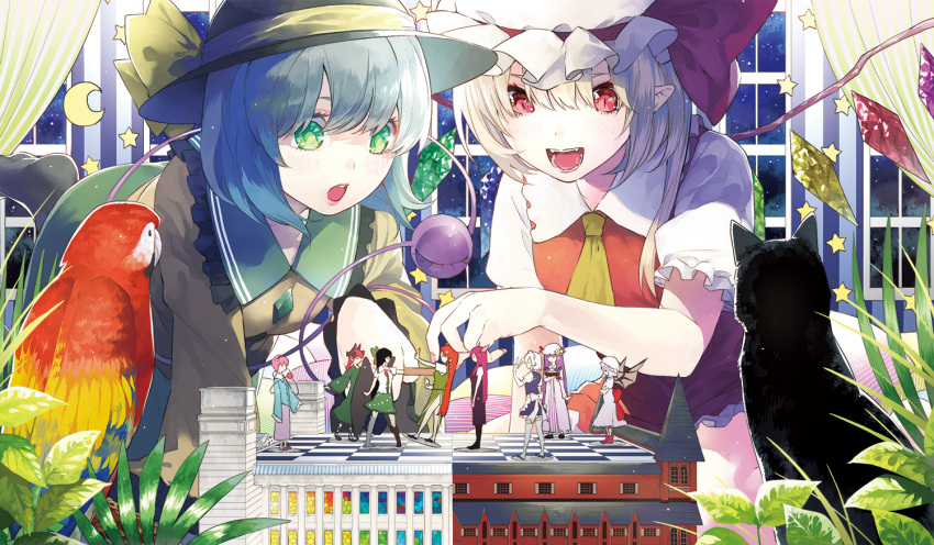 2girls :o animal apron arm_cannon bangs bat_wings bird black_cat black_hair black_hat black_legwear blonde_hair blue_shirt book bow cat character_doll chireiden commentary_request crescent crystal dress fingernails flandre_scarlet green_eyes green_skirt hair_between_eyes haruba_negi hat hat_bow hat_ribbon head_wings hong_meiling indoors izayoi_sakuya kaenbyou_rin koakuma komeiji_koishi komeiji_satori long_fingernails long_sleeves maid_apron maid_headdress miniature miniskirt mob_cap model multiple_girls night night_sky open_mouth parrot patchouli_knowledge pink_hair pink_skirt playing pointy_ears puffy_sleeves purple_hair red_eyes red_ribbon red_skirt red_vest redhead reiuji_utsuho remilia_scarlet ribbon scarlet_devil_mansion shirt silver_hair skirt sky slit_pupils smile star star_(sky) starry_sky striped striped_dress third_eye touhou vest weapon white_hair white_hat wide_sleeves window wings yellow_bow yellow_neckwear yellow_shirt