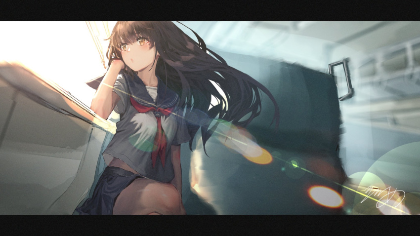 1girl bangs black_border blue_sailor_collar blush border brown_eyes brown_hair hair_between_eyes hand_on_own_shoulder highres indoors legs_crossed lens_flare long_hair looking_out_window neckerchief original pleated_skirt ribbon rolua sailor_collar school_uniform serafuku shirt short_sleeves signature sitting skirt window