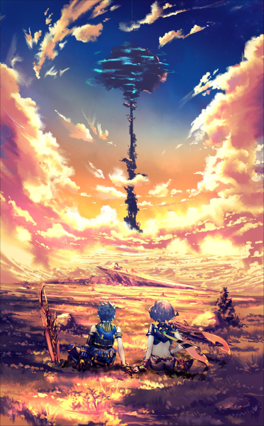 1boy 1girl absurdres arm_at_side arm_support armlet ass brown_gloves brown_hair bush clouds field from_behind gloves grass highres pyra_(xenoblade) nintendo orange_sky planted_sword planted_weapon poteto_(potetosarada123) redhead rex_(xenoblade_2) rock scenery short_hair sitting sky sunset sword touching tree weapon xenoblade_(series) xenoblade_2