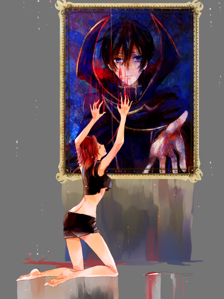 1boy 1girl abstract arms_up bare_arms bare_legs barefoot black_hair breasts closed_eyes code_geass crop_top crop_top_overhang highres ilohasvio kallen_stadtfeld kneeling lelouch_lamperouge midriff outstretched_hand painting_(object) redhead short_hair shorts sideboob under_boob violet_eyes