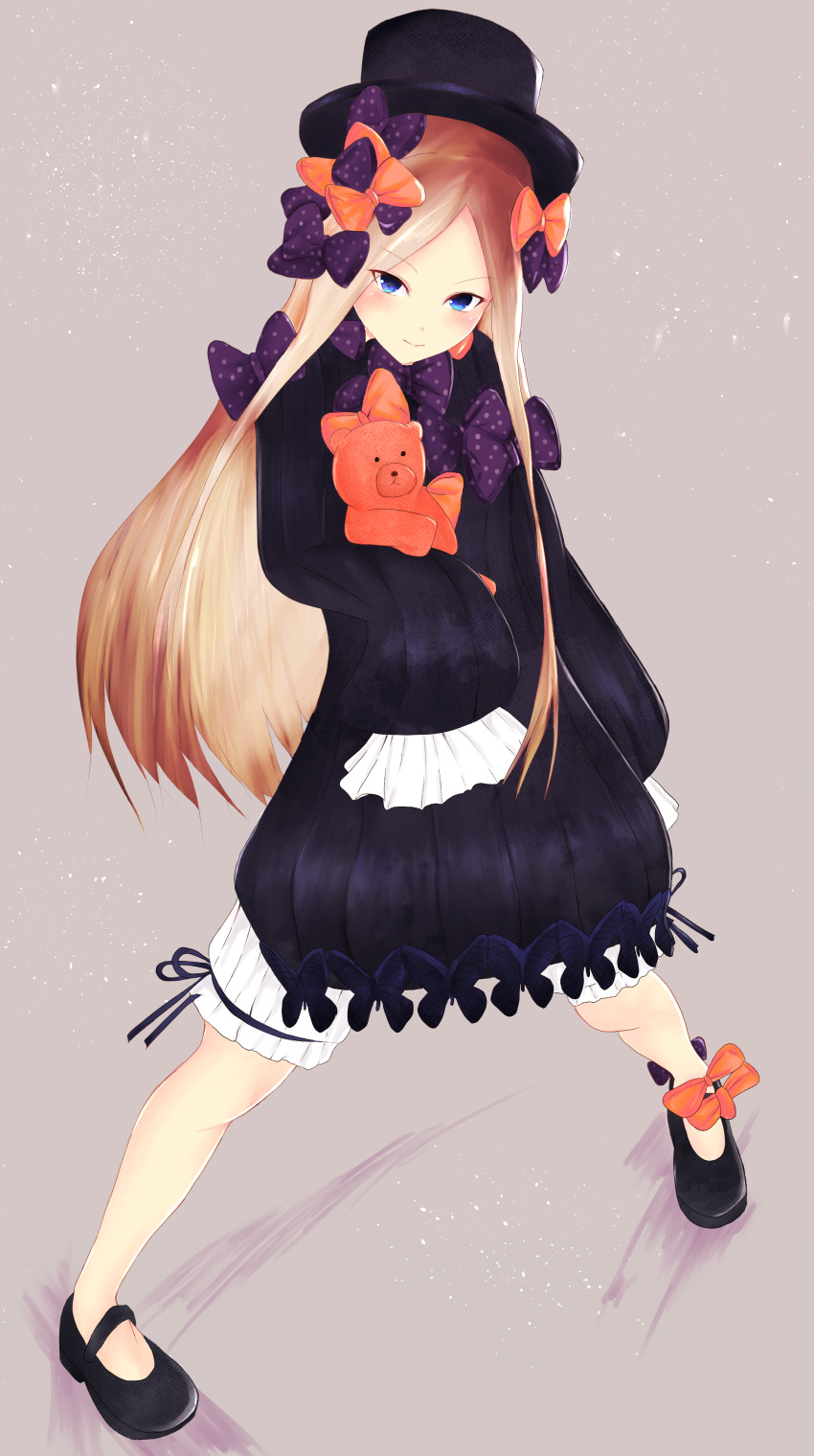 abigail_williams_(fate/grand_order) absurdres artist_request bangs black_bow black_dress black_footwear black_hat blonde_hair blue_eyes bow closed_mouth dress fate/grand_order fate_(series) forehead grey_background hair_bow hat highres legs long_hair orange_bow parted_bangs polka_dot polka_dot_bow ribbed_dress simple_background sleeves_past_fingers sleeves_past_wrists smile stuffed_animal stuffed_toy teddy_bear white_bloomers