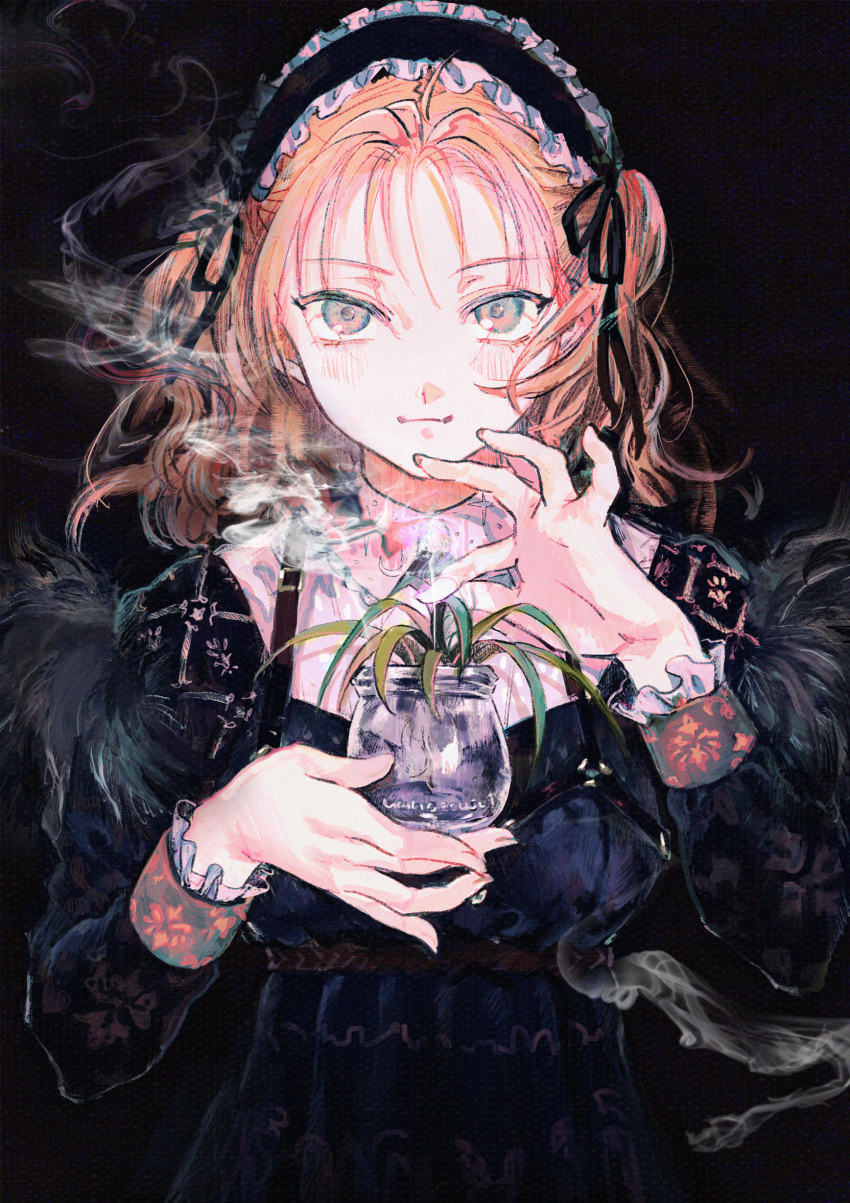 1girl absurdres blonde_hair blue_eyes gothic_lolita hairband headdress highres huge_filesize incense lolita_fashion original plant portrait sanpaku smoke tsurime ueno_zousui