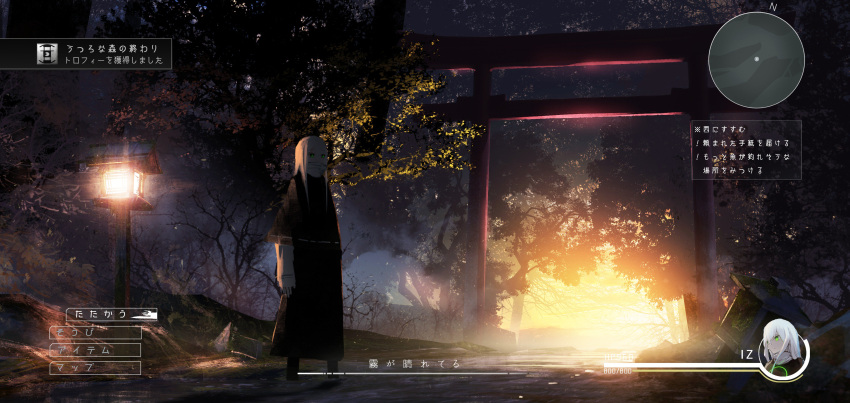 1girl absurdres achievement_unlocked asuteroid commentary_request fake_screenshot green_eyes heads-up_display health_bar highres iz_(asuteroid) lamppost minimap original outdoors scenery solo standing torii translation_request