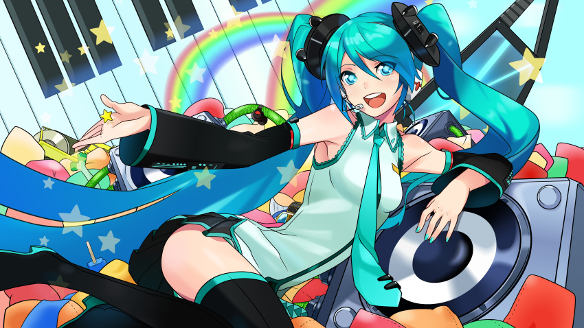 1girl absurdres aqua_eyes aqua_hair aqua_nails arched_back dekodere detached_sleeves hands hatsune_miku headphones headset highres long_hair lying nail_polish nana_g necktie on_side sitting skirt smile solo speaker star symbol-shaped_pupils thigh-highs twintails vector_trace very_long_hair vocaloid zettai_ryouiki