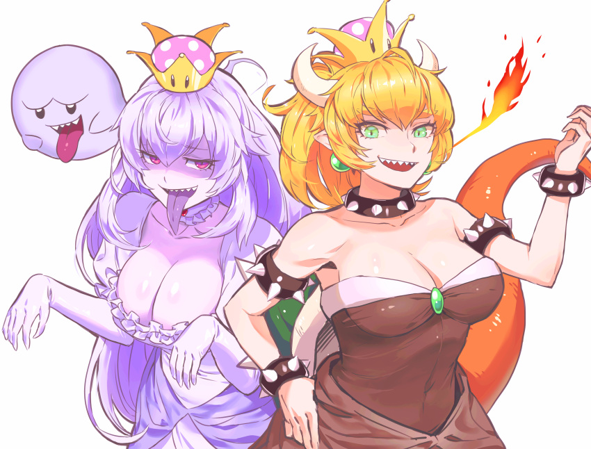 atomel black_collar black_dress blonde_hair boo bowsette bracelet breasts breathing_fire collar covered_navel crown dress earrings eyebrows_visible_through_hair fire frilled_collar frilled_dress frills ghost_pose gloves green_earrings green_eyes hand_up highres horns huge_breasts jewelry large_breasts luigi's_mansion new_super_mario_bros._u_deluxe nintendo pale_skin pointy_ears princess_king_boo purple_tongue red_eyes sharp_teeth simple_background spiked_armlet spiked_bracelet spiked_collar spiked_shell spikes strapless strapless_dress super_crown super_mario_bros. tail teeth tongue tongue_out turtle_shell upper_body white_background white_dress white_gloves white_hair